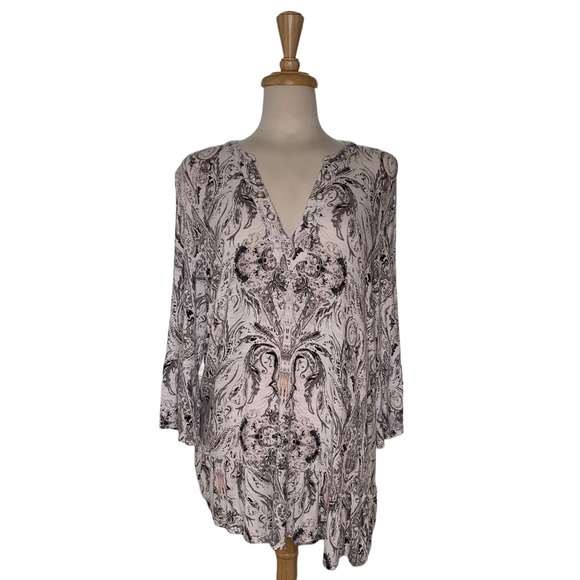 Tribal Tops - TRIBAL XL Top Gray Peach Paisley Ruffle Sleeve Edge White Grey 3/4 Shirt Blouse